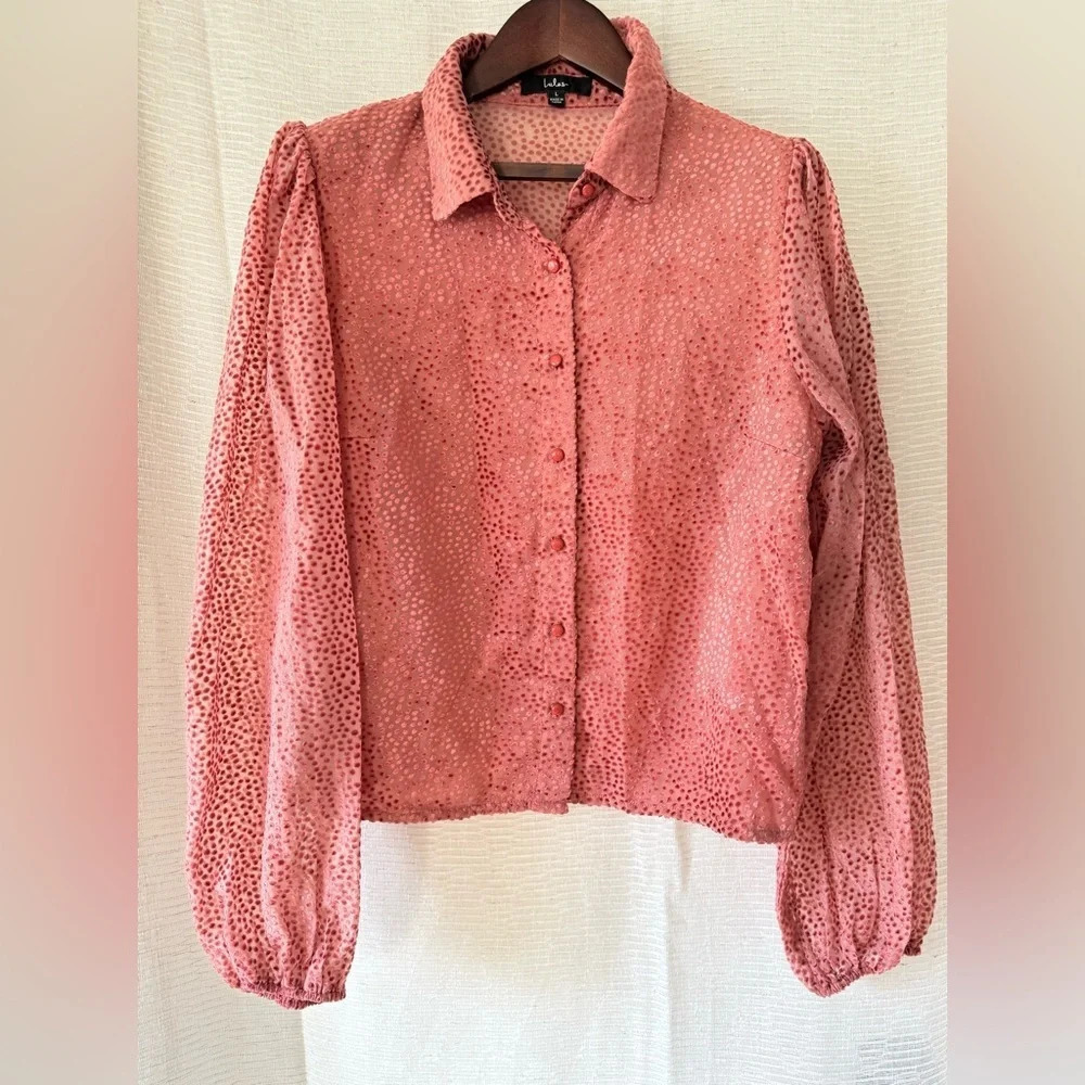 Lulus Pink Velvet Sheer Polka dot Button down blouse size Large